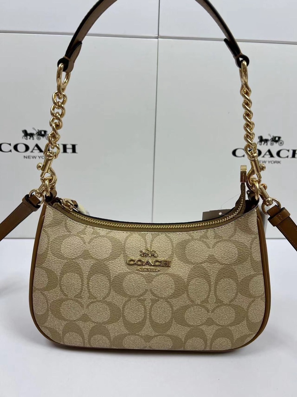 Coach Tan/Khaki Signature Canvas Shoulder Bag with Gold Chain Strap